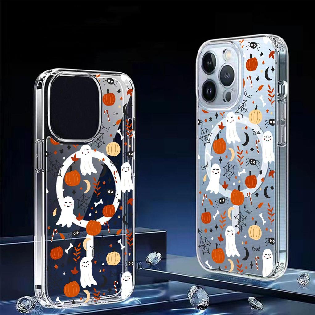 White Skull Magnetic Transparent Full Coverage Case for iPhone 15/16/17 Pro Max.