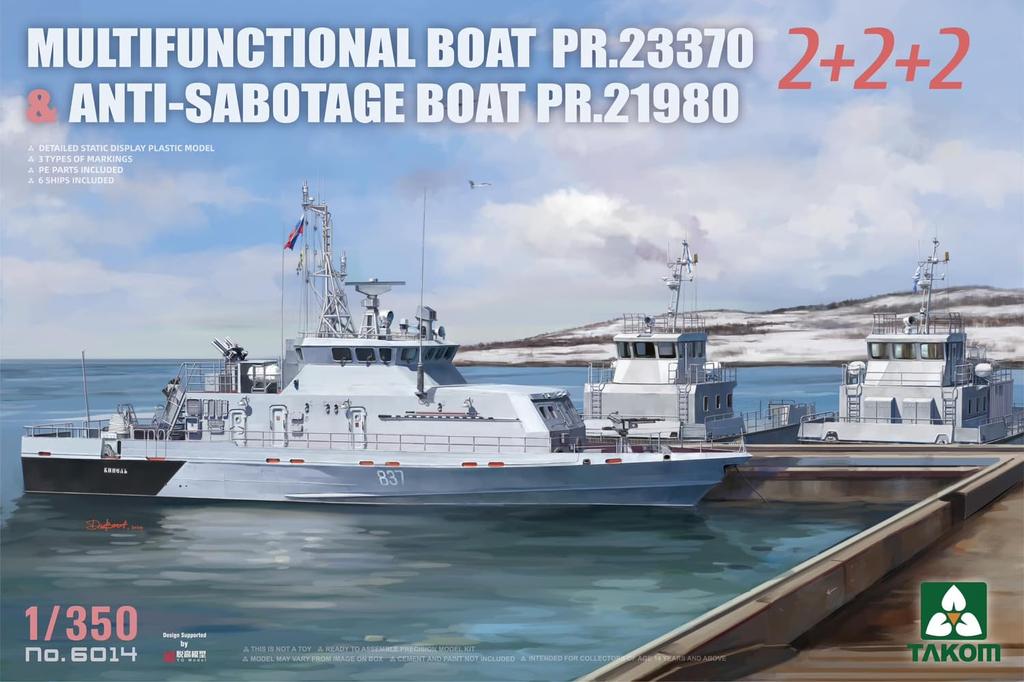 TAKOM Scale Plastic Model Kit of Russian Project 23370 Boat and Project 21980 Boat 1/350 (Set 6) Multi-Purpose Anti-Sabotage (TKO6014)