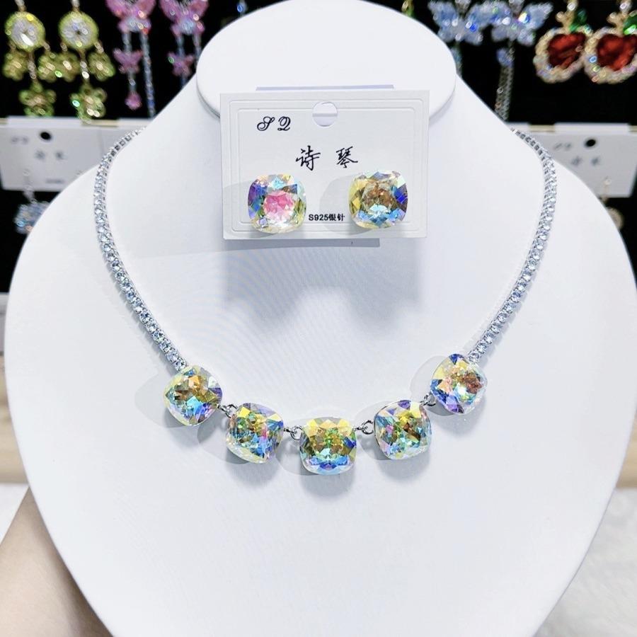 2pcs Purple Necklace Earrings Pendant Zirconia Women Crystal Chokers Collares Bridal Wedding Party Fashion Jewelry Set Gifts
