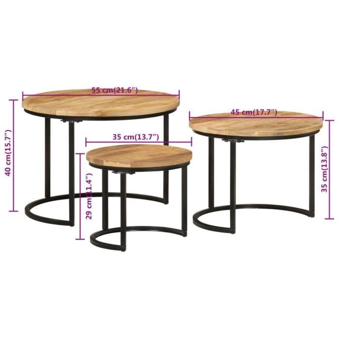 VidaXL Tables gigognes 3 pcs bois de manguier massif brut 353901