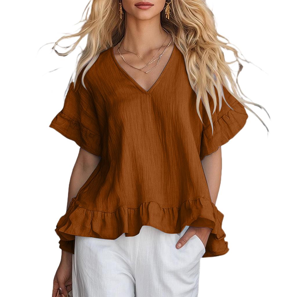 Women's Ruffled V-Neck Shirt Fashionable Casual Short-Sleeved Top