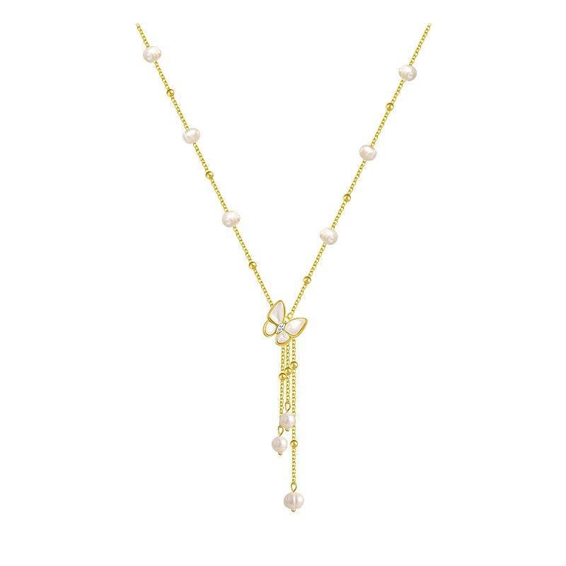 Titanium Steel Butterfly Tassel Necklace with Freshwater Pearls and Mother-of-Pearl