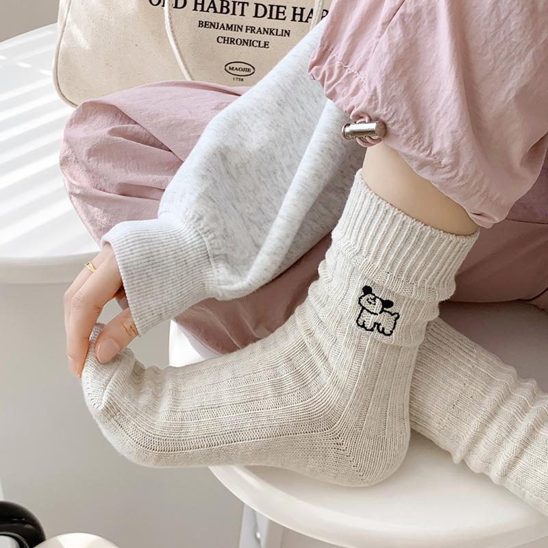 5 Pairs of Female Spring and Autumn Embroidery Puppy Vertical Stripes In Tube Pile Socks