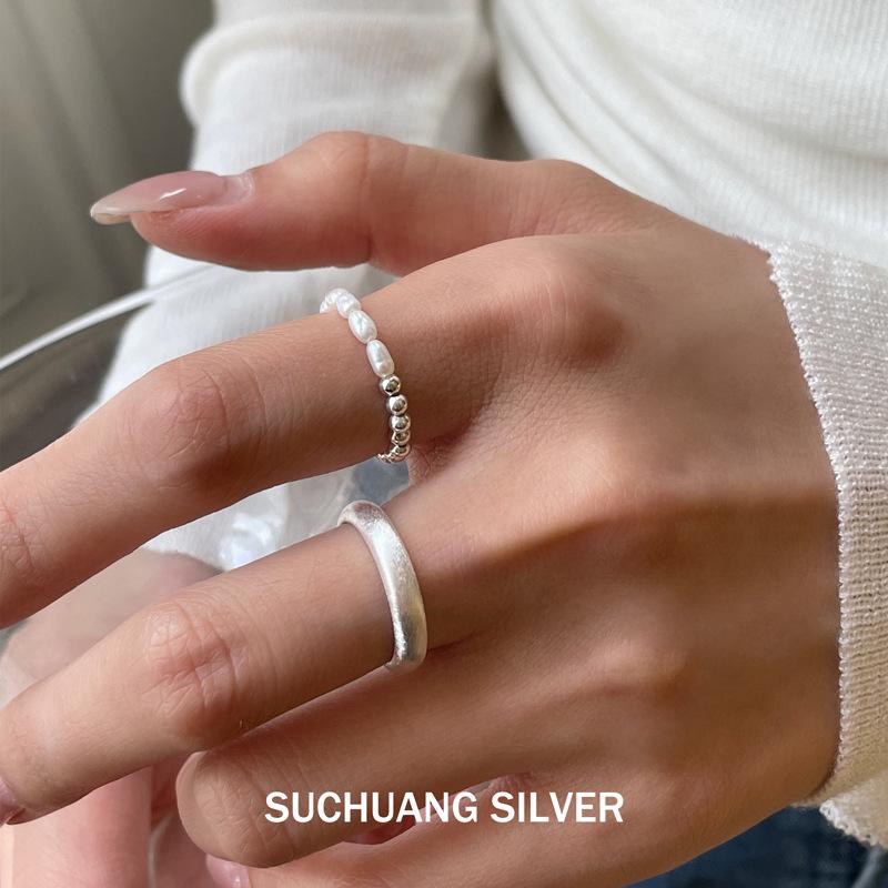 S925 Sterling Silver Freshwater Pearl Open Ring - Women's Stackable Frosted Band