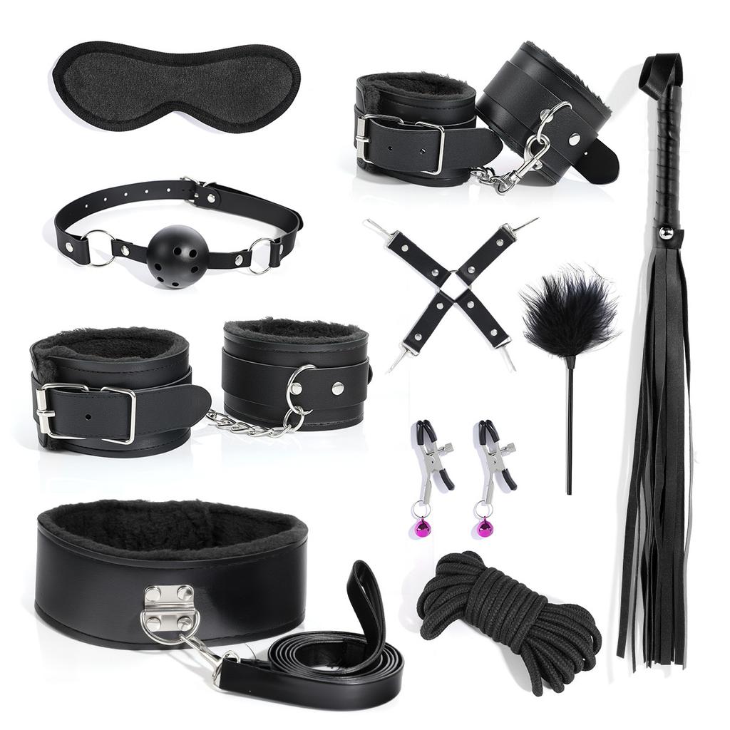 BDSM Bondage Bundle Set Leather Plush Blindfold Handcuffs Whip Nipple Clip Adult Sex Toys Women Erotic Restraint Game Kit