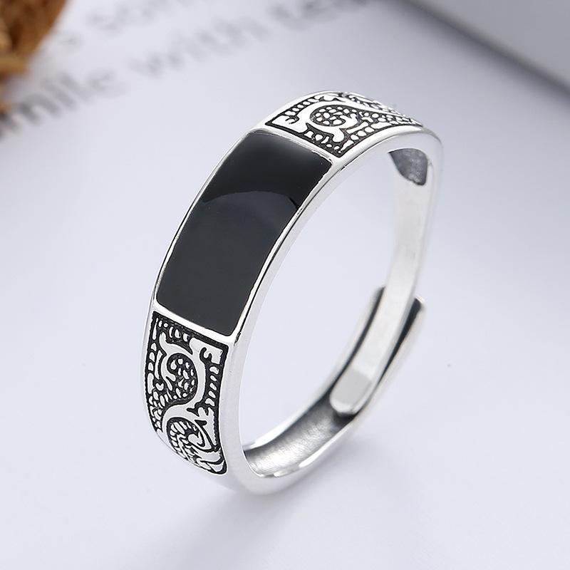Trendy Sterling Silver Ring for Men Jewelry Black Rectangle Retro Dragon Pattern Ring Male Infex Finger Accessories Open ADM