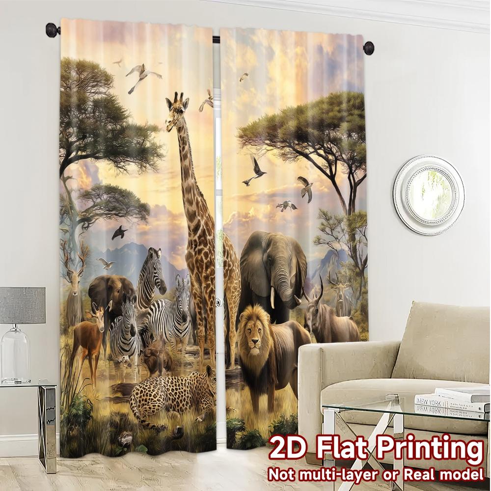 2pcs, 2D FLAT PRINTING Curtains (Without Rod) Savannah Harmony Popular Popular Curtain 100% Polyester Curtains Decorations