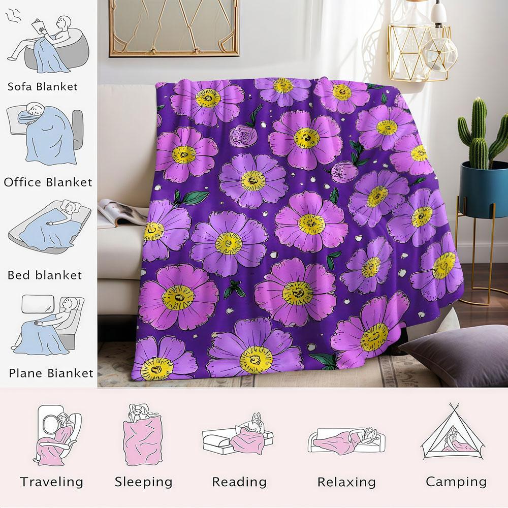 Purple Daisy Floral Flannel Blanket Warm Soft Halloween Christmas Decorative Couch Warm Cozy All-Season Gift