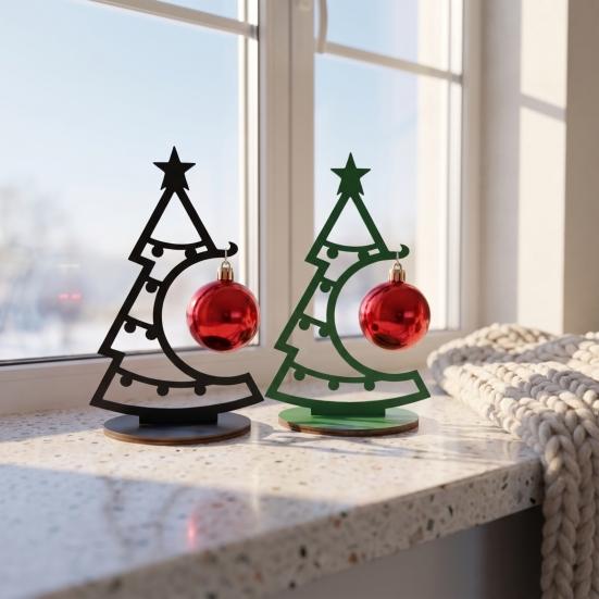 Holiday Atmosphere Ornament Christmas Tree Table Decoration, Metal Line Art Sculpture with Festive Figurine for Workstation Red Ball Xmas Party Desk,