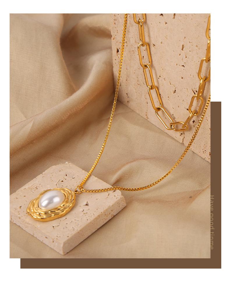 Vintage Gold-Plated Titanium Double Layer Necklace with Pearl Pendant