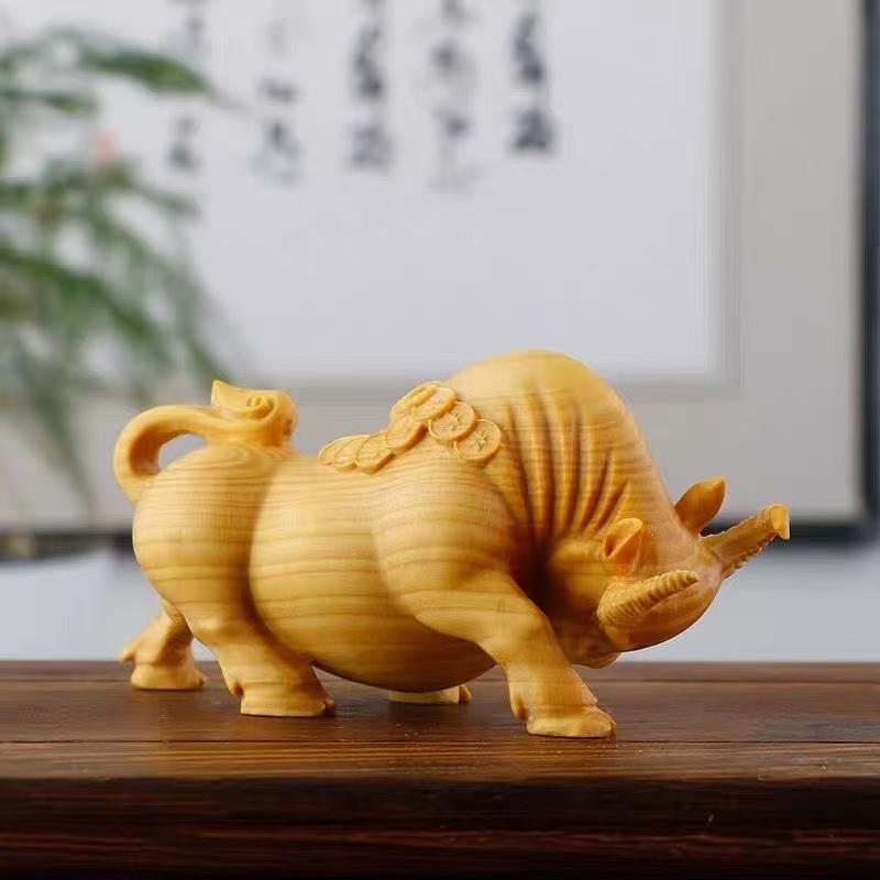 Natur Massivholz Reichtum Vermögen Ochse Statue Chinesische Charakteristik kleine Statue Niedliche Haus-, Zimmer-, Büro-, Autodekoration