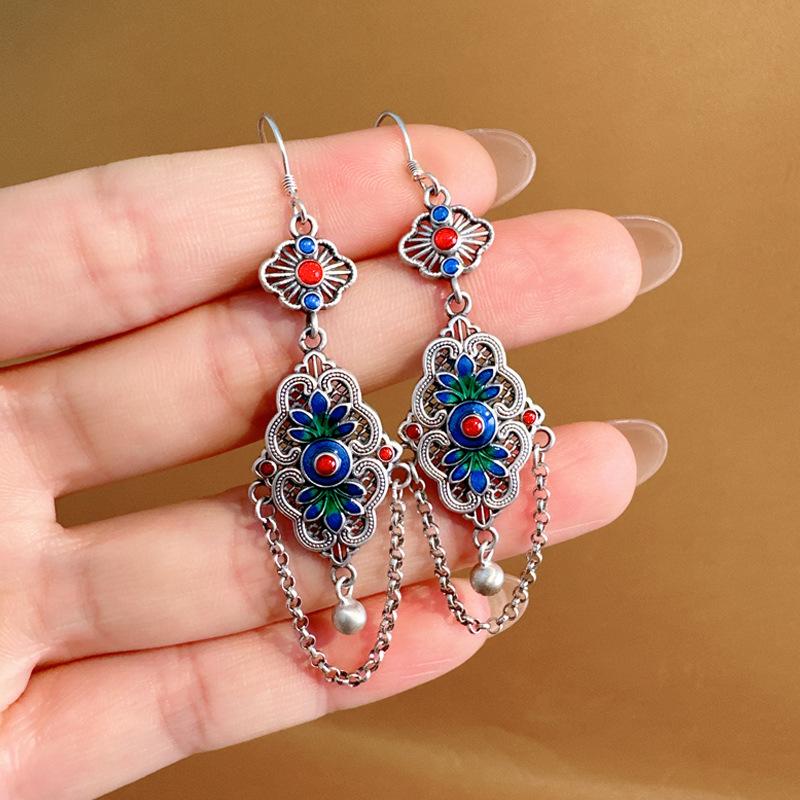 S925 Silver Enamel Color Flower Fringed Earrings Retro Ethnic Style Exquisite Antique Temperament Handmade Hollow Earrings