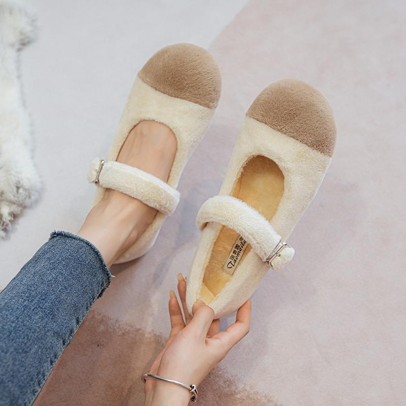 Fashion Furry Mink Hair Mary Janes Woman Winter Fur Lined Flats Female Belt Buckle Loafers Mixed Color Moccasines Shearling Ballet Shoes