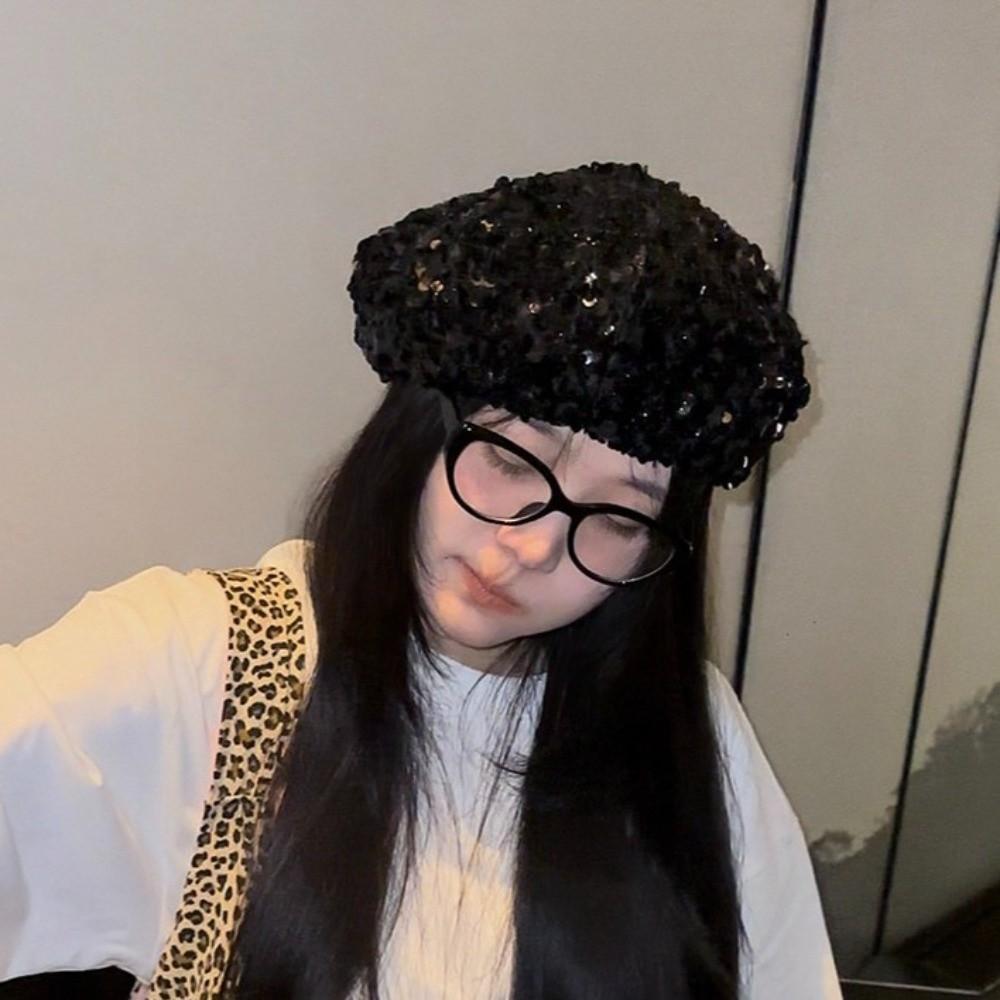 Sparkling Fashion Painter Hat Retro Lady Octagonal Cap Leisure Glitter Sequin Beret Streetwear