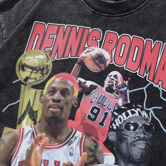 Rodman Portrait Retro Washed Old Short-Sleeved T-Shirt Men'S And Women'S American Street Hiphop Half-Sleeved Tee