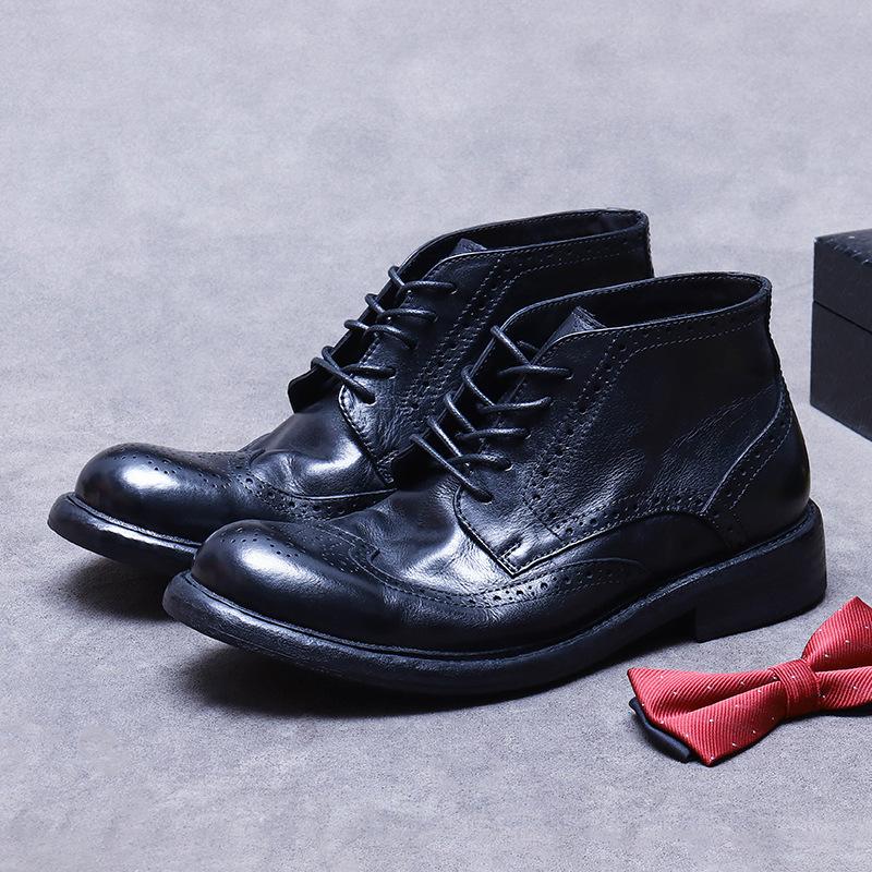 Genuine leather sole Goodyear men's boots genuine leather retro British style new fashion cowhide high-top men's shoes