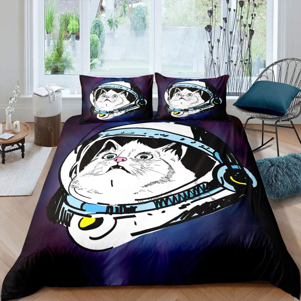 Galaxy Cat Duvet Cover Universe Galaxy for Kids Boy Girl Cute Kitten Printed Outer Space Planets Quilt Cover Bedroom Decorations