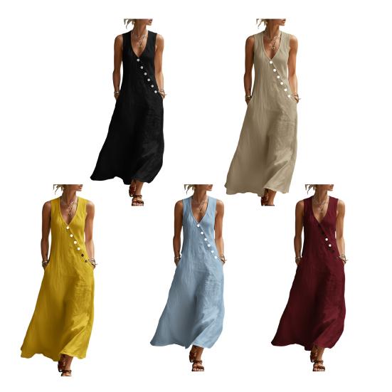 Vestidos Maxi de Verano para Mujer Casual sin Mangas Cuello en V Vestido de Playa Suelto de Tirantes con Botones y Bolsillos