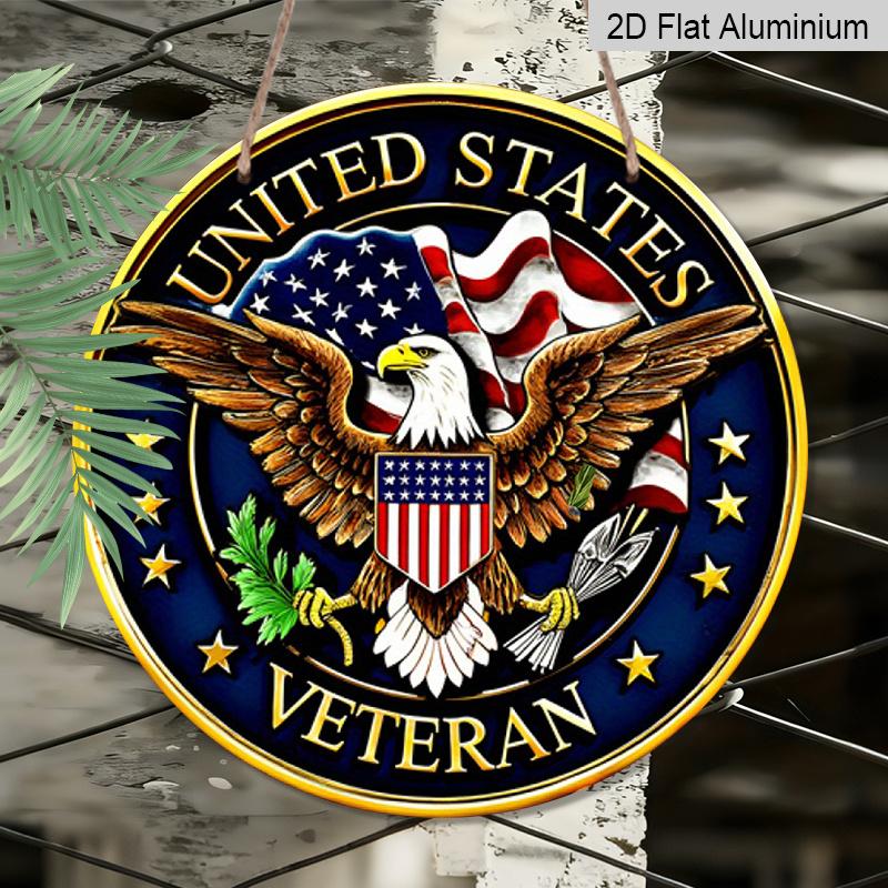 2D Flat, 1pc Patriotic American Veteran Round Aluminum Sign, with US Flag and Eagle Design Retro Wall Art, Suitable for 4th of July, Memrial Day