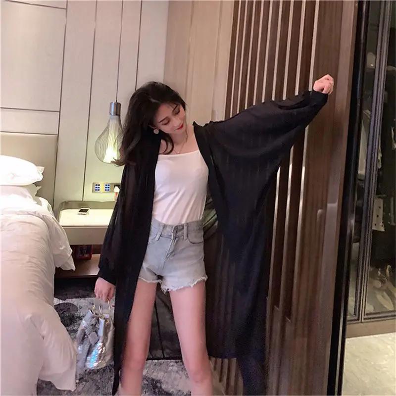 Summer Uv-protection Wear Women Korean Chic Loose Jacket Basics Chiffon Double Collar Design Lantern Sleeve Cardigan
