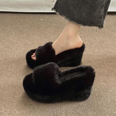 12Cm Thick-soled Fluffy Slippers Women's Outer Wear 2025 Autumn and Winter New Home Open-toed Plush Cotton Slippers Women