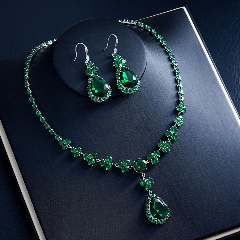 Hot-Selling Green Water Drop Earrings & Necklace Bridal Set - Fashionable Zircon Accessories