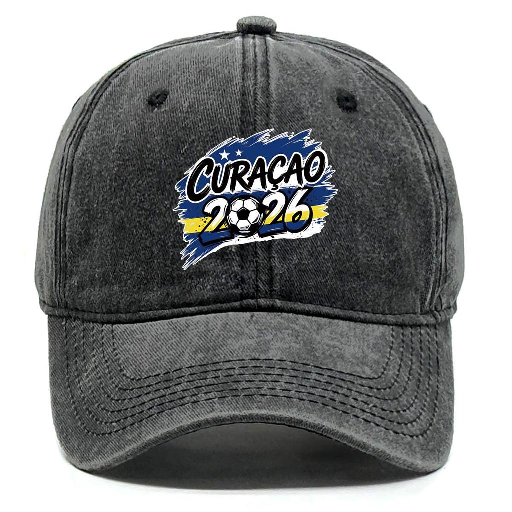 2026 Football Soccer "CURACAO" Flag Printed Baseball Hat , Adjustable Baseball Cap Headwear Non-Stretch Fabric Leisure Solid Color Sun Hat