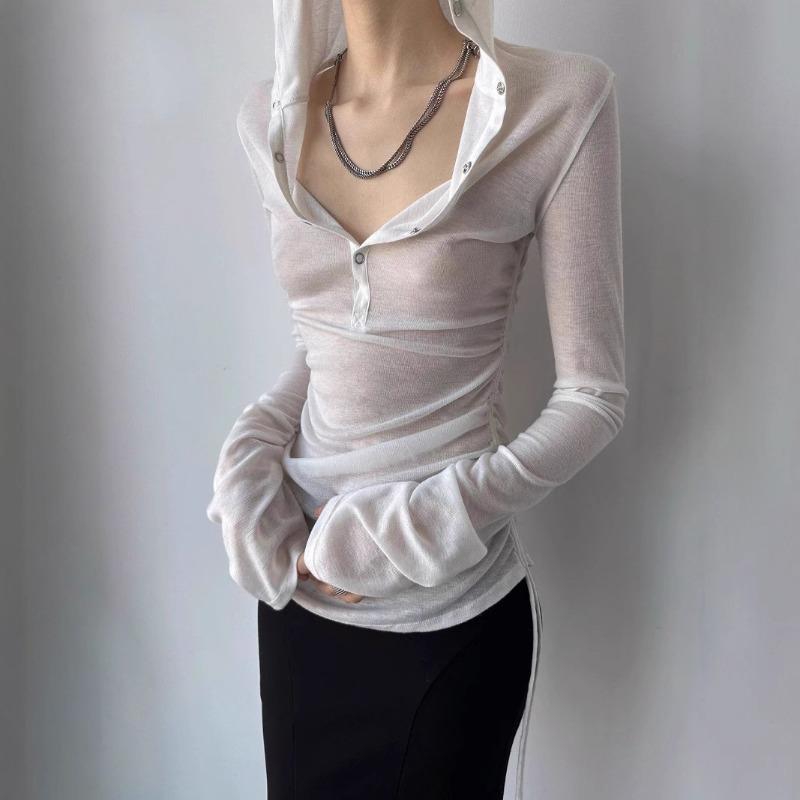 

American Retro Hottie Pure Lust Pleated Drawstring Hooded Blouse for Women Summer Sexy Slim See-through Thin Top S белый