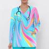 Women Plus Size Colorful Printed Nurse Scrub Top V Neck Long Sleeve With Front Pockets