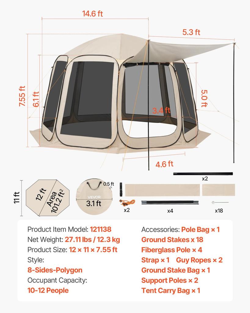 Screen House Tent, 3660 x 3380 x 2300 mm, 10-12 Person Pop Up Screen Tent with Extended Awning, Portable Screened in Canopy with Carry Bag, Netting
