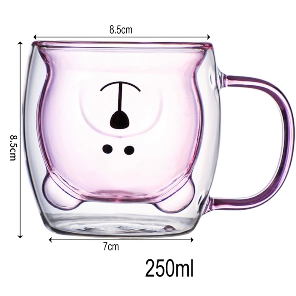 Nishida Glass Bear Cup Cup Set Cute Glass with Insulates Hot and Cold and Bear Mug Mug Double-Walled Heat-Resistant & (250ml) Double-Walled