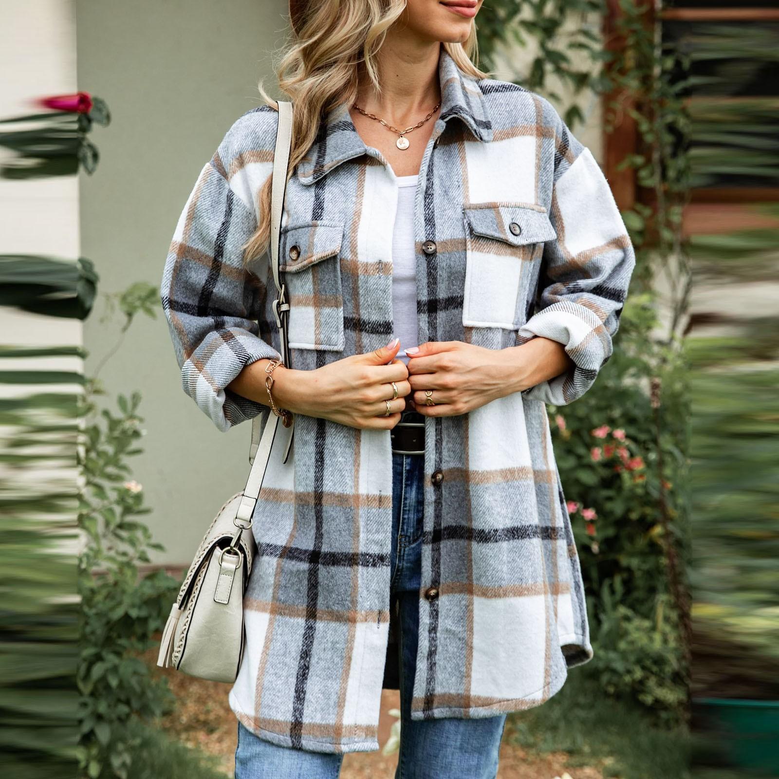 

Женская твидовая клетчатая рубашка с длинным рукавом, однобортная повседневная куртка с лацканами XXL