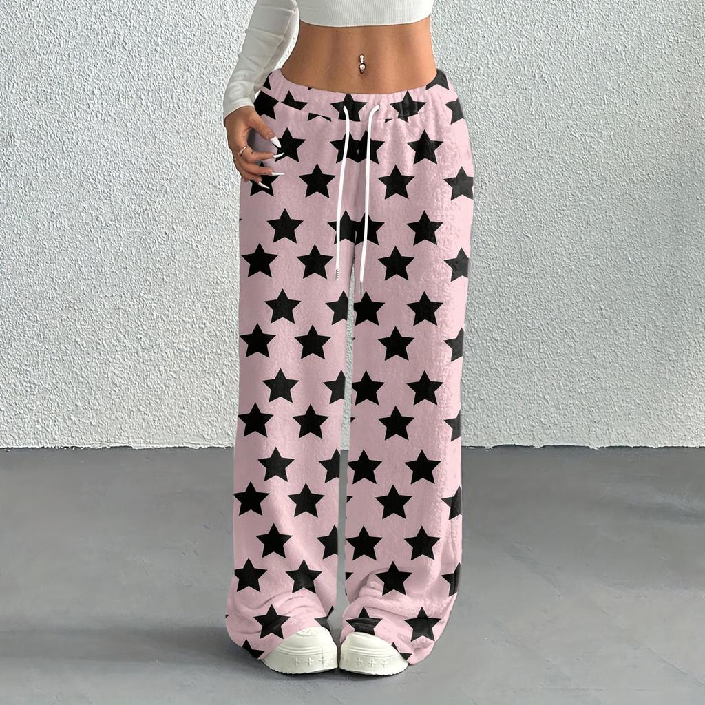 Women's Casual Fashion Printed Elastic Waist Loose Straight Leg Pants With Rope