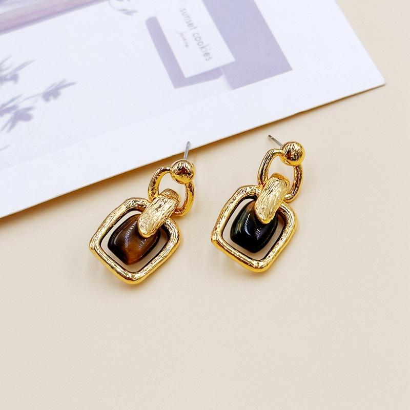 Stylish High-End Texture Earrings, Simple Geometric Tiger S Eye Stone Stud Earrings