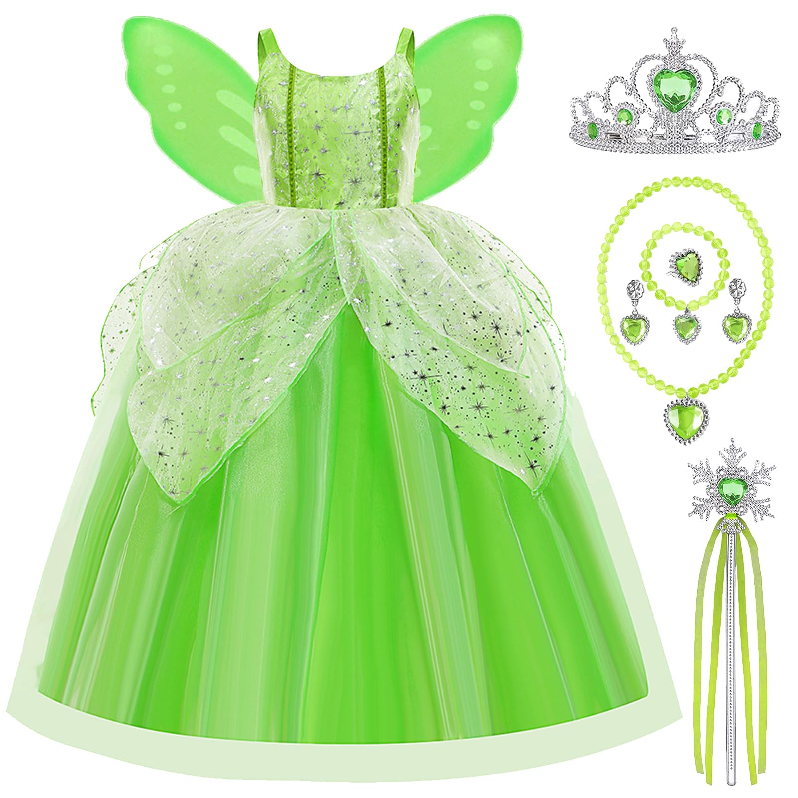 

Yi-gog Princess Dress for Kids, Tinker Bell Dress (Fairy Costume + Wings + Tiara + Stick, etc.) 7-Piece Set for Girls, Flower Fairy, Butterfly Fairy