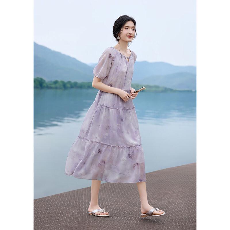 XWI Women s Round Neck Disc Button Waist-Cinching Chiffon Maxi Dress M