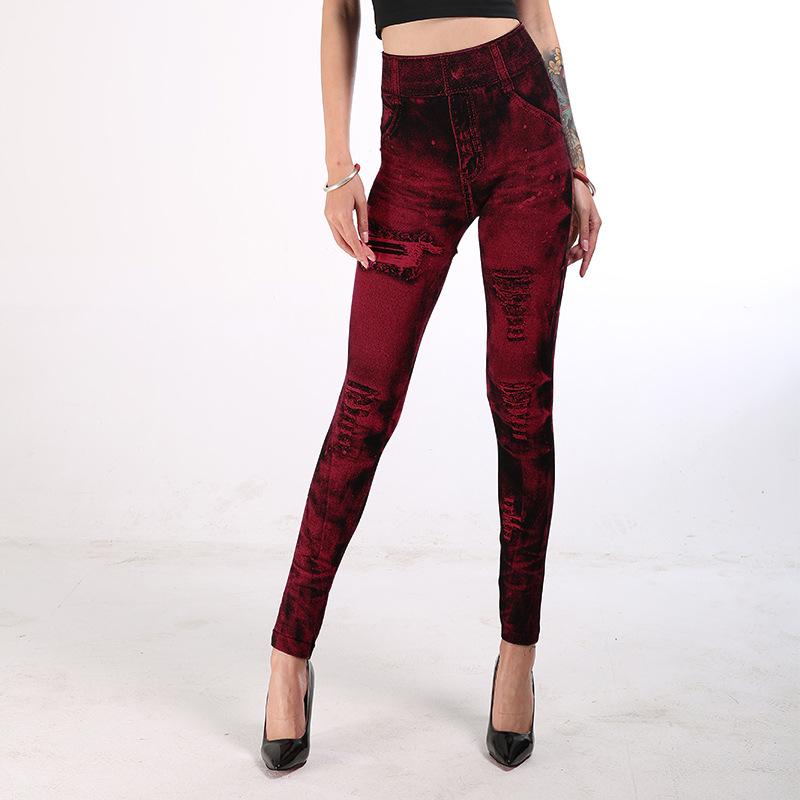 Women Slim Cropped Trousers Elasticity Casual Pants Imitation Denim High Waist Push Up Leggings