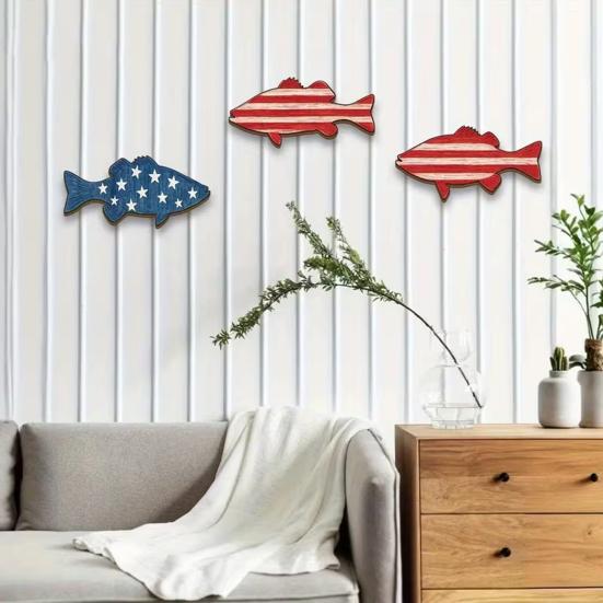 3 szt. Patriotyczne Drewniane Ryby Dekoracja Ścienna na 4 Lipca Wzór Pasków i Gwiazd Flagi Amerykańskiej Ryba Sztuka Ścienna Dekoracja Ścienna w Stylu Nadmorskim Oceanu do Salonu
