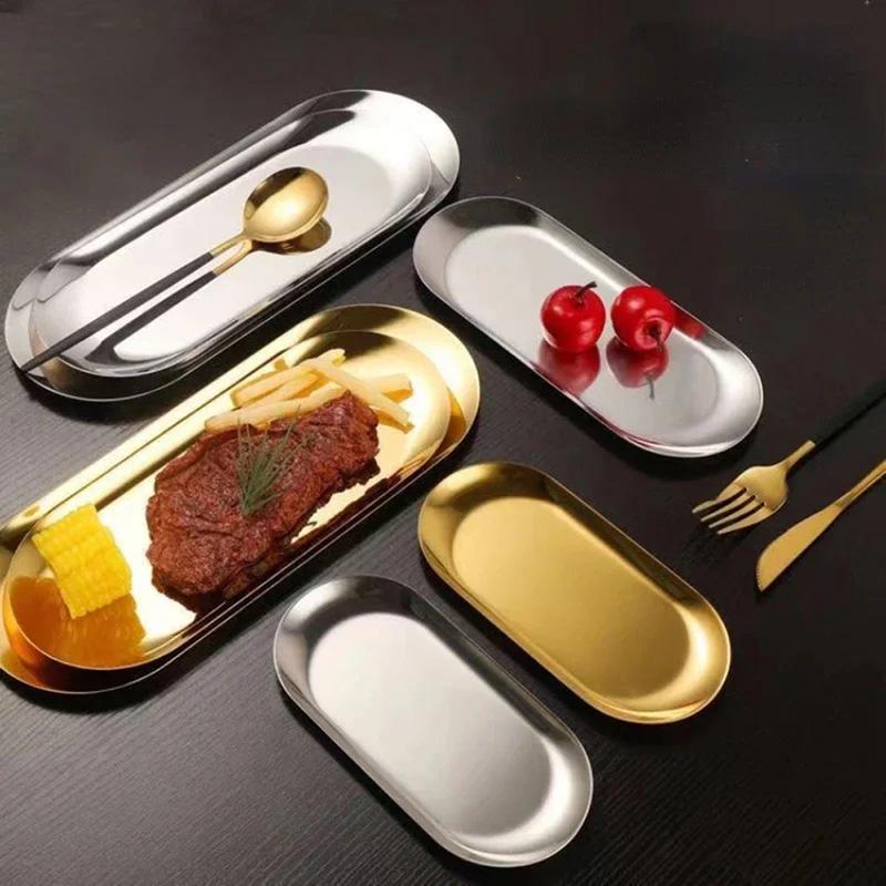 Gold/Silver Oval Decorative Tray Jewelry Tray Towel/Vanity Tray Dish Plate Tray Tea Fruit Storage Trays Cosmetics Jewelry Organizer