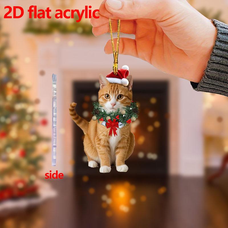 Christmas Car Home Decoration  2D Pendant Christmas Cat Ornaments with Different Cat Acrylic Decorations for Christmas Garlands