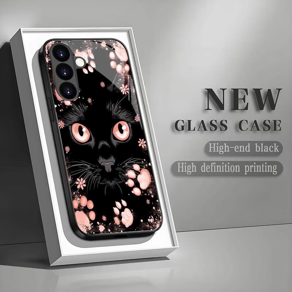 

Милый кот закаленное стекло чехол для телефона подходит для Samsung Galaxy S26 S25 S24 S23 S22 S20 FE/Ultra/Plus5G противоударная задняя крышка GalaxyS25