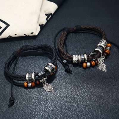 Hand-Woven Bracelet Vintage Beads Leaf Pendent Multilayer Beaded Wristband Ethnic Style Men Bracelet