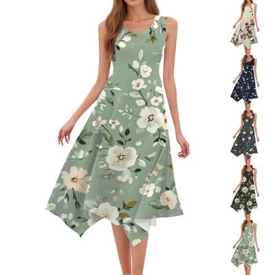 Women's Casual Fashion Round Neck Sleeveless Floral Print Irregular Hem Midi Dress