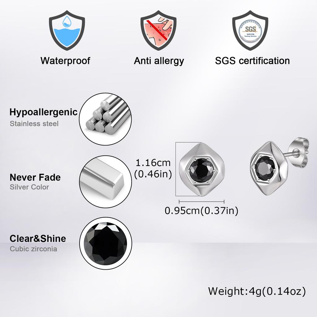 Fashion Black Zircon Geometric Stud Earrings for Men, Waterproof Hypoallergenic Stainless Steel Small Earrings, Hip Hop Jewelry