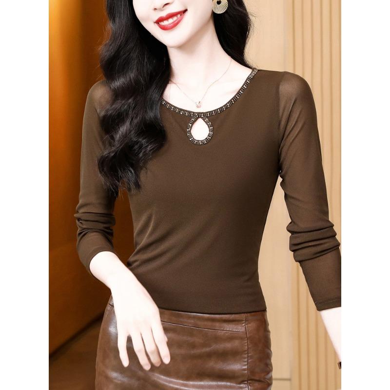 New Round Neck Versatile Hollow Bead Solid Color Long-sleeved Mesh Base Shirt for Women Black Slim T-shirt