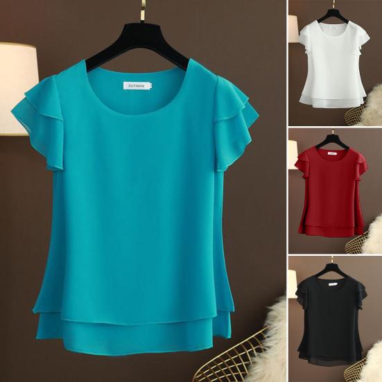 

Женская летняя футболка с круглым вырезом и коротким рукавом с рюшами и подолом, однотонная свободная повседневная футболка XL чёрный