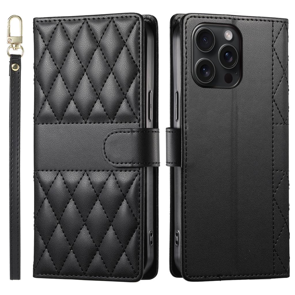 For iPhone 15 Pro Max Case Rhombus Stitching Wallet Stand Leather Phone Cover with Long/Short Strap