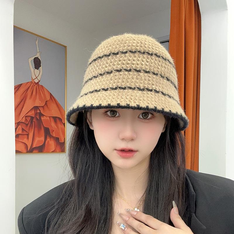 Female Striped Color blocking Fisherman Hat Showing Face Small and Versatile Simple Casual Bucket Hat Fashionable Basin Hat