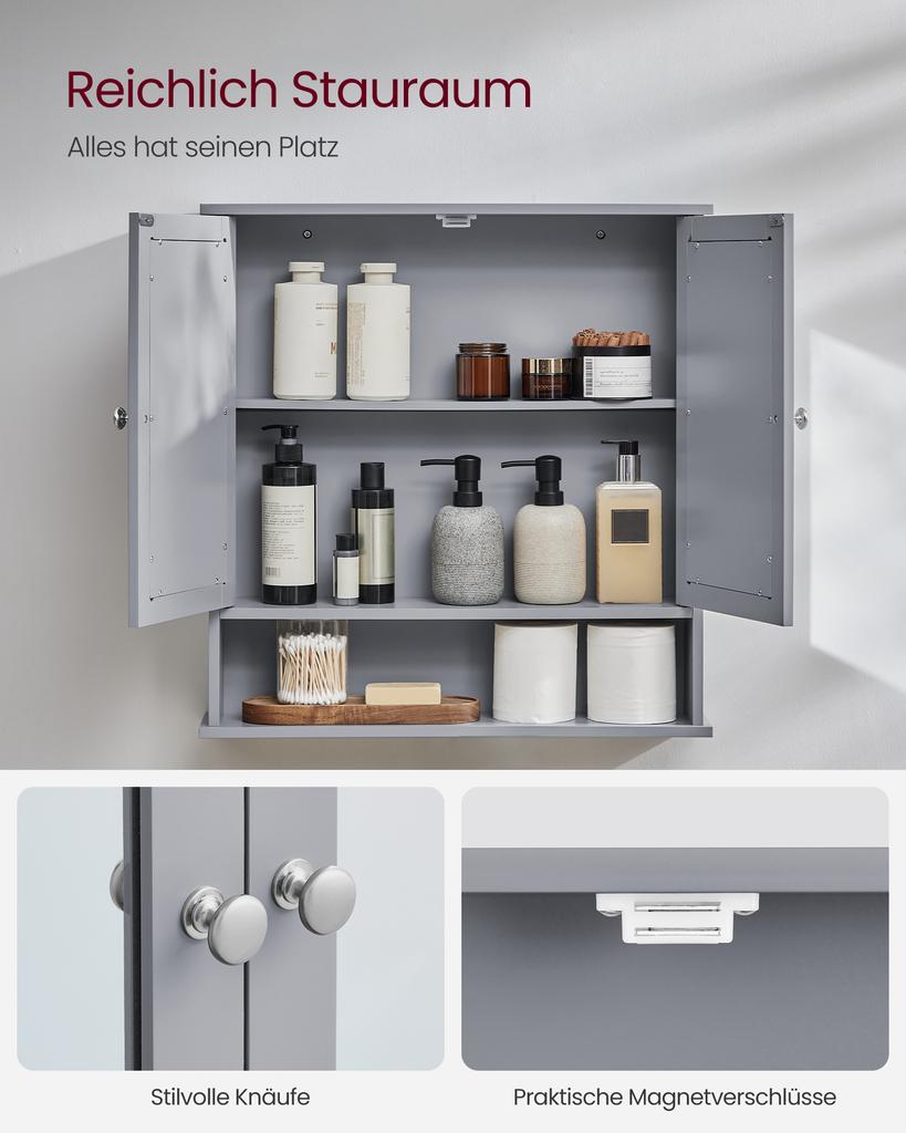 VASAGLE Bathroom Cabinet with Mirror, Wall Cabinet with 2 Mirrored Doors and Open Compartment, Adjustable Shelf, Wall-Mounted, 13 x 56.5 x 58.5 cm