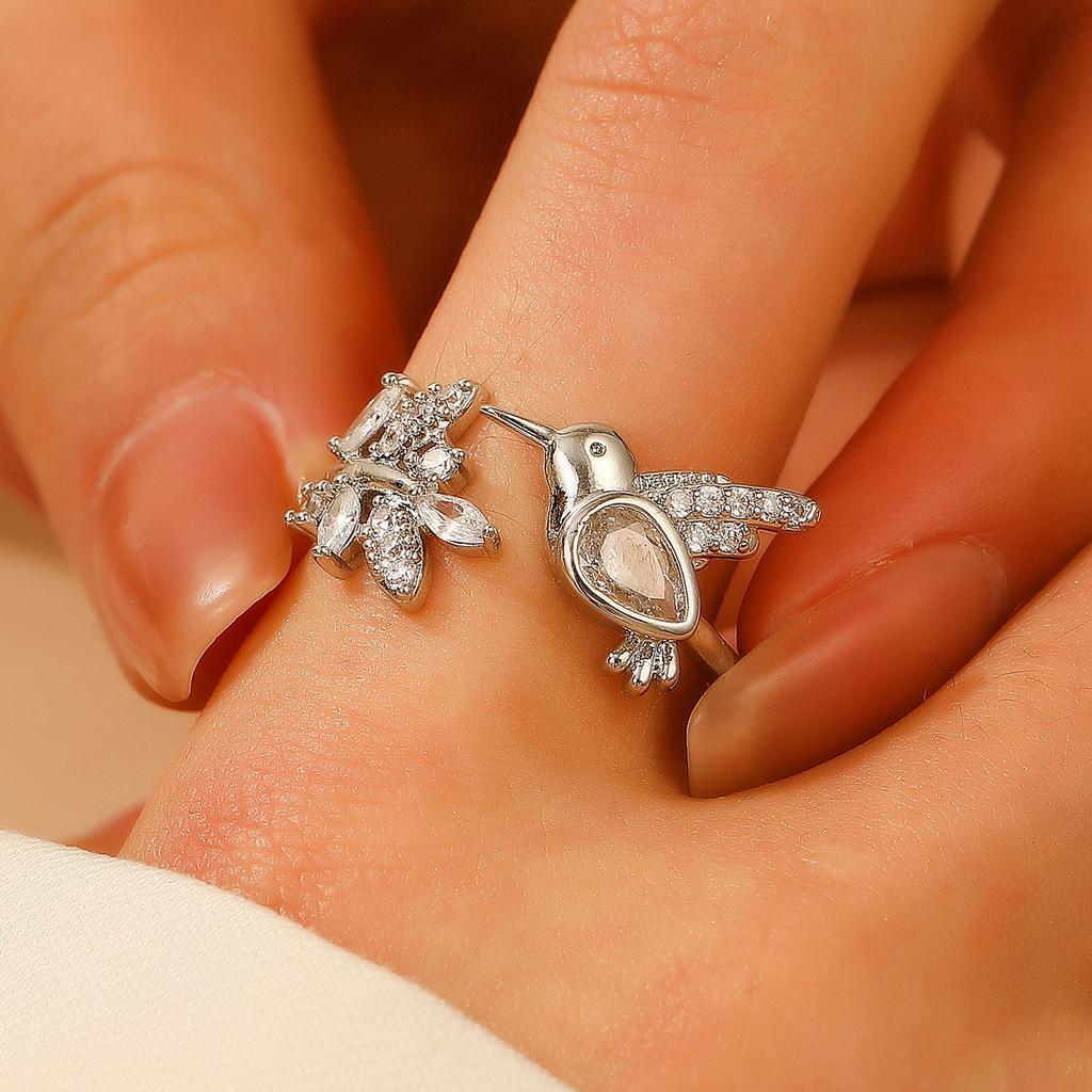 Hummingbird & Flower Open Ring Collection, Gold/Silver Tone Adjustable Gemstone Bird Rings for Women